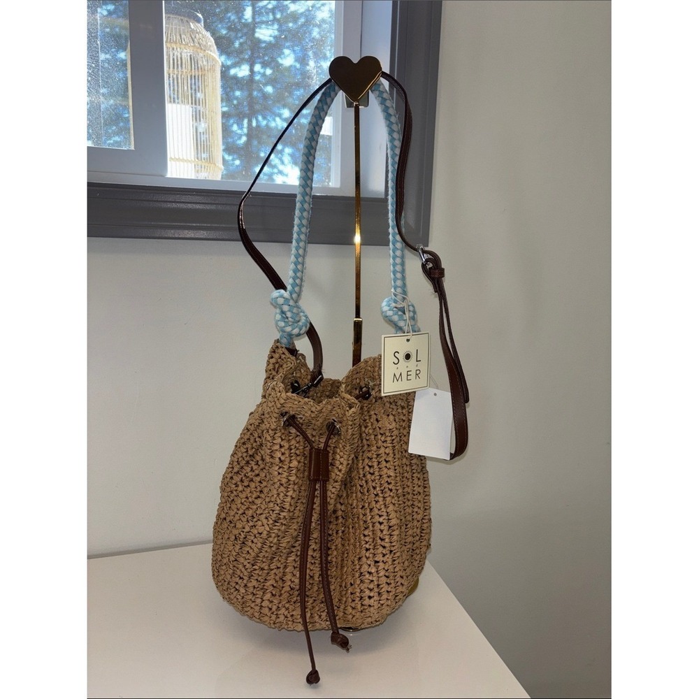 Straw Drawstring Bucket Bag with Light Blue Rope Handle NWT NEW Sol and Mer - Picture 8 of 11